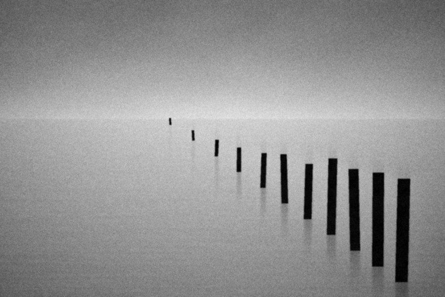 A row of wooden posts receding into misty water